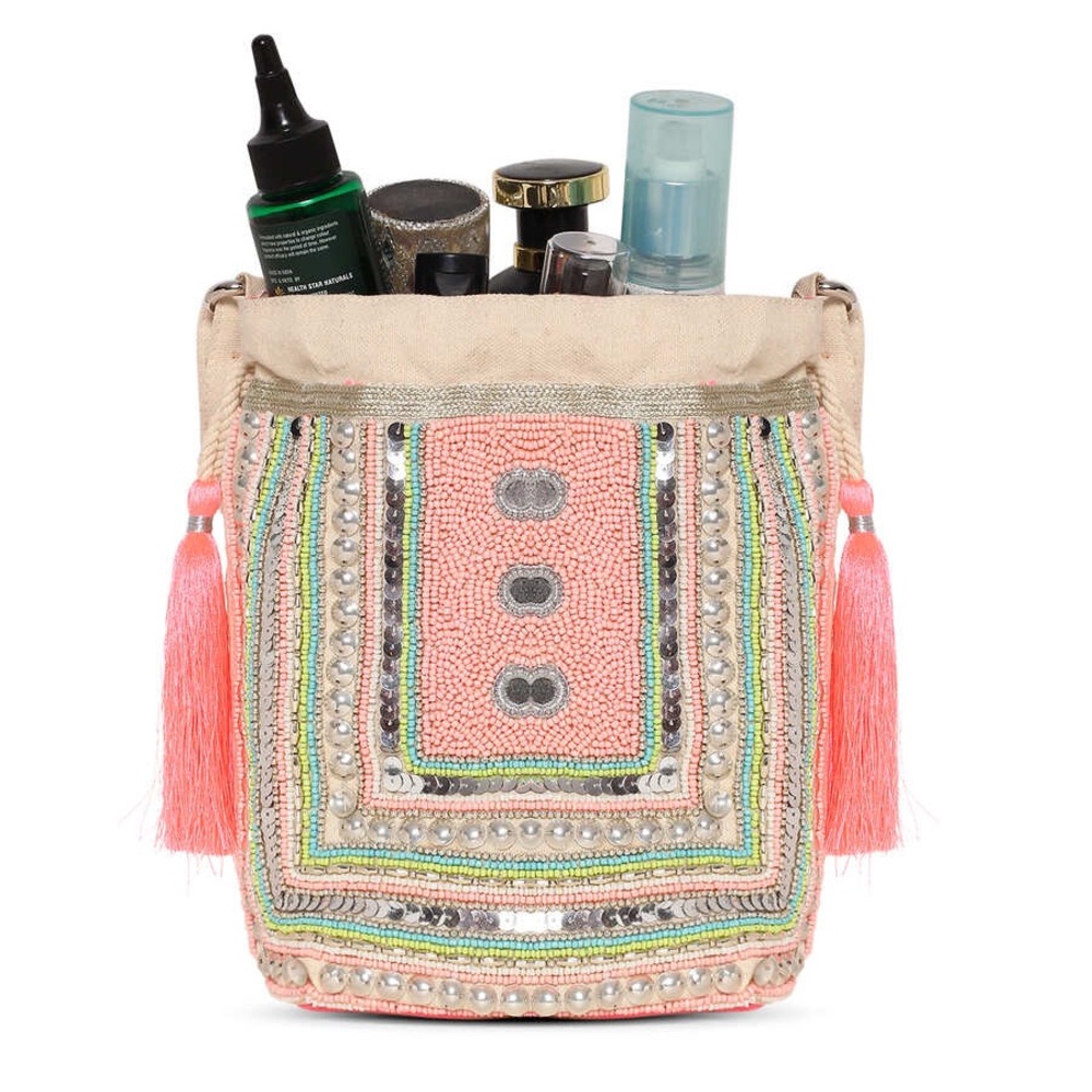 Canvas Drawstring Bag With Sequin And Pearl Work - image 4
